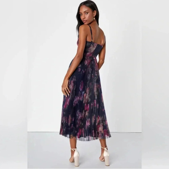 Lulus Alluring Invite Midnight Blue Floral Pleated Bustier Midi Dress sz XL nwot - Picture 3 of 4